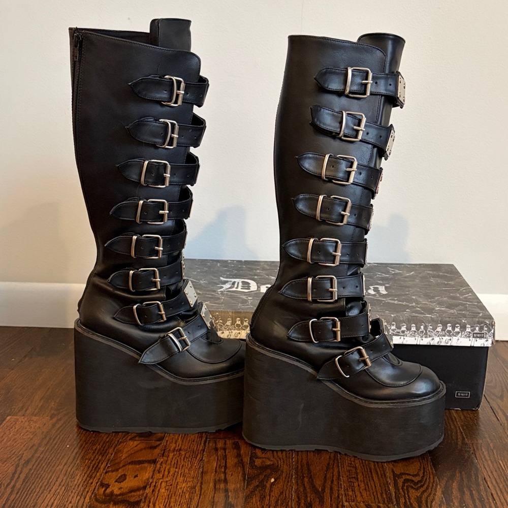 Demonia Black Platform Buckle Boots Size 8